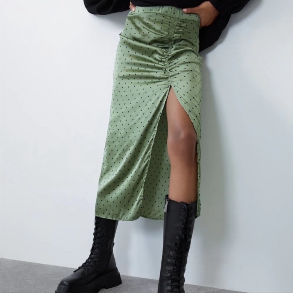 Zara long satin polka dots ruched green skirt